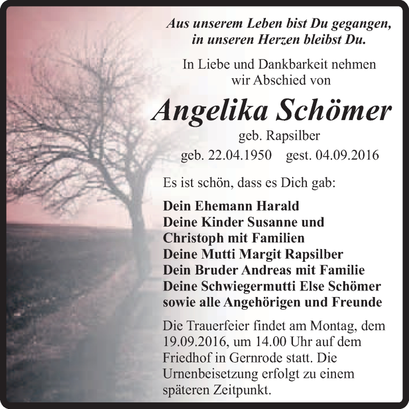  Traueranzeige für Angelika Schömer vom 10.09.2016 aus Super Sonntag Quedlinburg