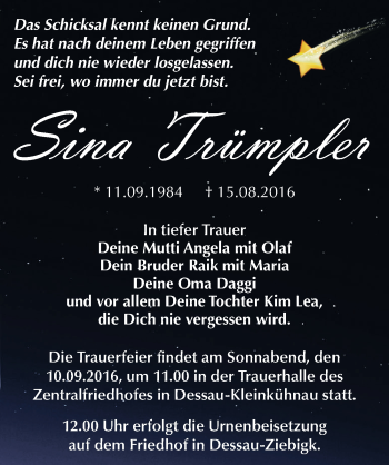 Traueranzeige von Sina Trümpler von Mitteldeutsche Zeitung Dessau-Roßlau