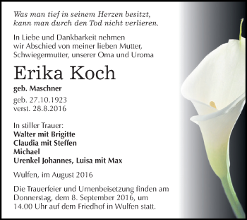 Traueranzeige von Erika Koch von WVG - Wochenspiegel Dessau / Köthen