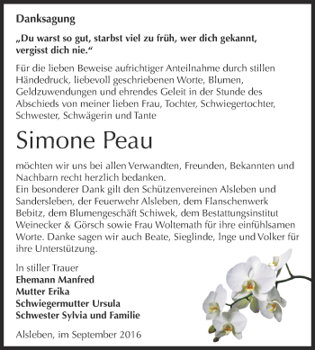 Traueranzeige von Simone Peau von Super Sonntag Bernburg