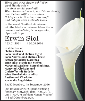 Traueranzeige von Erwin Siol von Mitteldeutsche Zeitung Merseburg/Querfurt