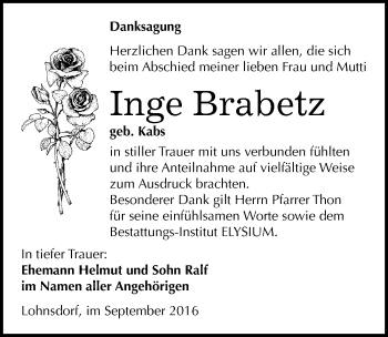 Traueranzeige von Inge Brabetz von Mitteldeutsche Zeitung Halle/Saalkreis