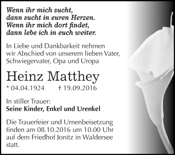 Traueranzeige von Heinz Matthey von WVG - Wochenspiegel Dessau / Köthen