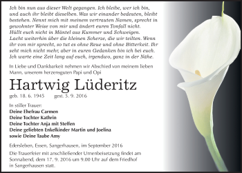 Traueranzeige von Hartwig Lüderitz von Mitteldeutsche Zeitung Sangerhausen