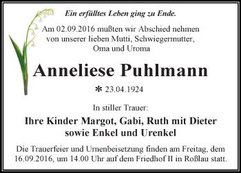 Traueranzeige von Anneliese Puhlmann von WVG - Wochenspiegel Dessau / Köthen