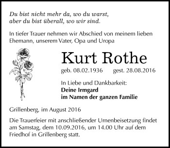 Traueranzeige von Kurt Rothe von Mitteldeutsche Zeitung Sangerhausen