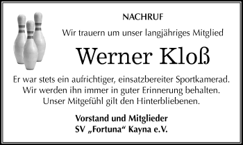 Traueranzeige von Werner Kloß von Mitteldeutsche Zeitung Zeitz