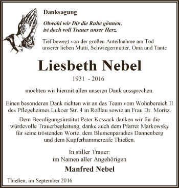 Traueranzeige von Liesbeth Nebel von WVG - Wochenspiegel Dessau / Köthen
