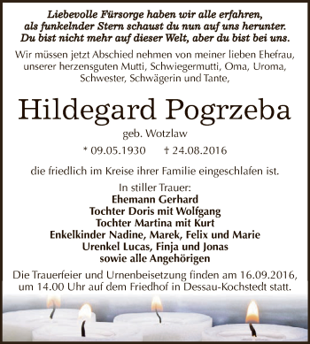 Traueranzeige von Hildegard Pogrzeba von WVG - Wochenspiegel Dessau / Köthen