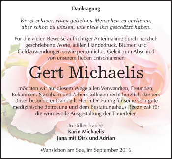 Traueranzeige von Gert Michaelis von Mitteldeutsche Zeitung Mansfelder Land