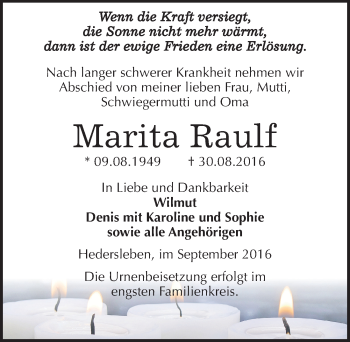 Traueranzeige von Marita Raulf von Mitteldeutsche Zeitung Quedlinburg