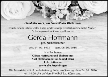 Traueranzeige von Gerda Hoffmann von Mitteldeutsche Zeitung Naumburg/Nebra