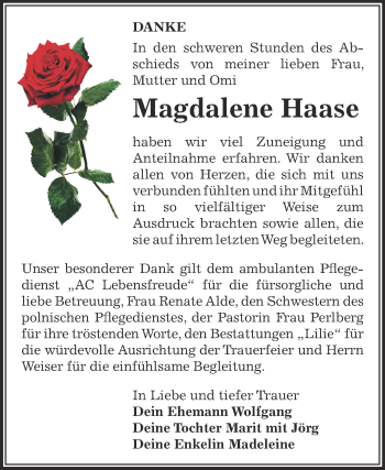 Traueranzeige von Magdalene Haase von WVG - Wochenspiegel Dessau / Köthen