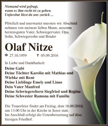 Traueranzeige von Olaf Nitze von WVG - Wochenspiegel Dessau / Köthen