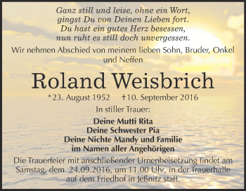 Traueranzeige von Roland Weisbrich von WVG - Wochenspiegel Bitterfeld