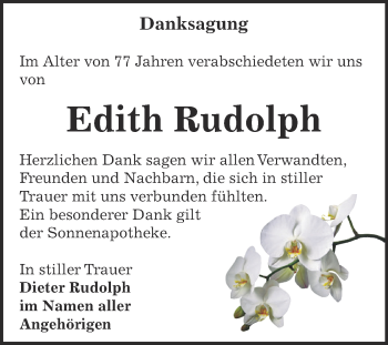 Traueranzeige von Edith Rudolph von Super Sonntag Bernburg