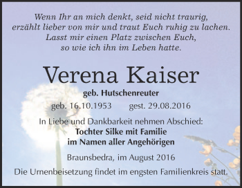 Traueranzeige von Verena Kaiser von WVG - Wochenspiegel Merseburg