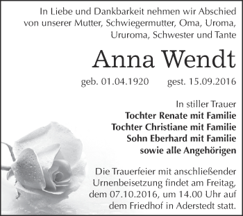 Traueranzeige von Anna Wendt von Super Sonntag Bernburg
