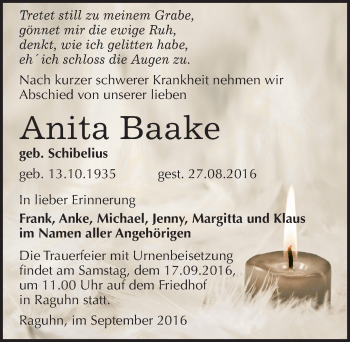 Traueranzeige von Anita Baake von Mitteldeutsche Zeitung Bitterfeld