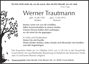 Traueranzeige von Werner Trautmann von WVG - Wochenspiegel Dessau / Köthen
