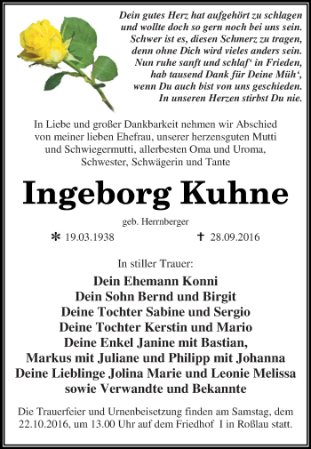 Traueranzeige von Ingeborg Kuhne von WVG - Wochenspiegel Dessau / Köthen