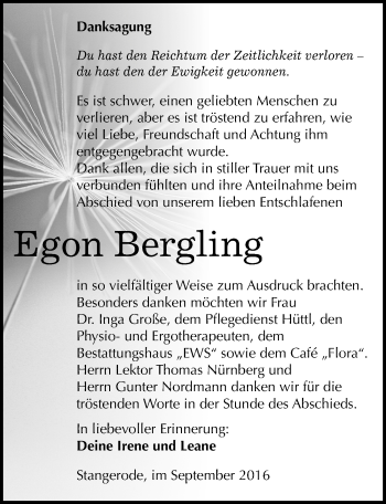 Traueranzeige von Egon Bergling von Mitteldeutsche Zeitung Mansfelder Land