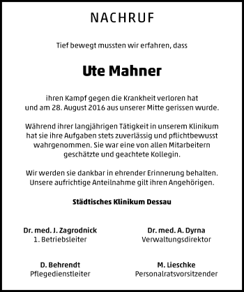 Traueranzeige von Ute Mahner von Mitteldeutsche Zeitung Dessau-Roßlau