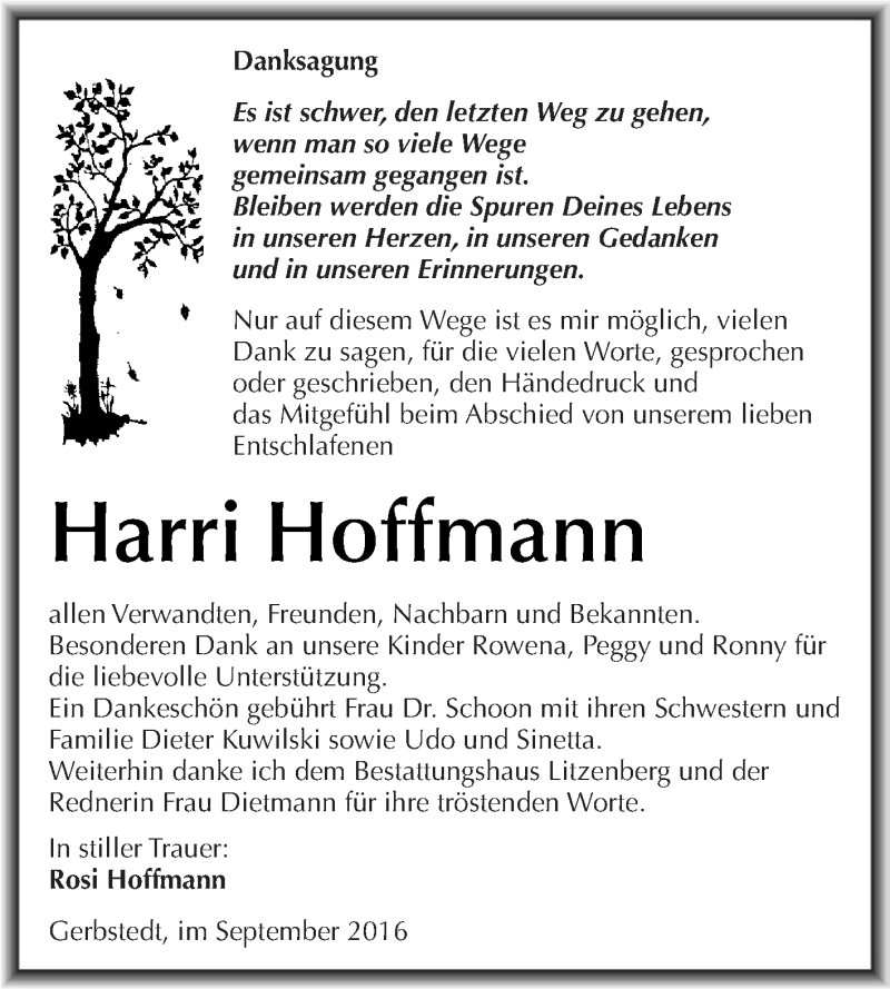  Traueranzeige für Harri Hoffmann vom 28.09.2016 aus Wochenspiegel Mansfelder Land
