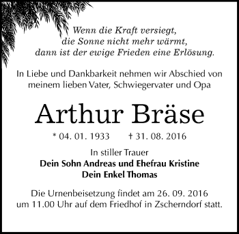 Traueranzeige von Arthur Bräse von Mitteldeutsche Zeitung Bitterfeld