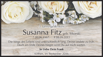 Traueranzeige von Susanna Fitz von WVG - Wochenspiegel Dessau / Köthen