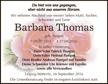 Traueranzeige von Barbara Thomas von Super Sonntag Zeitz