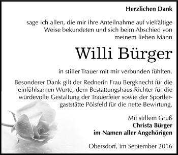 Traueranzeige von Willi Bürger von Mitteldeutsche Zeitung Sangerhausen