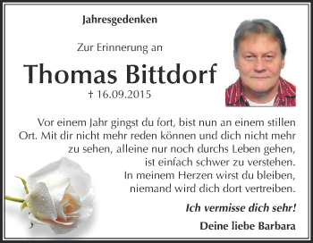 Traueranzeige von Thomas Bittdorf von WVG - Wochenspiegel Dessau / Köthen