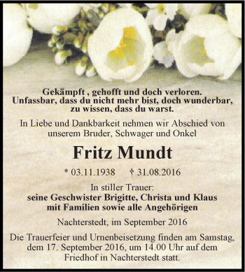 Traueranzeige von Fritz Mundt von Super Sonntag Aschersleben