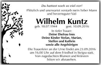 Traueranzeige von Wilhelm Kuntz von Mitteldeutsche Zeitung Merseburg/Querfurt