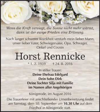 Traueranzeige von Horst Rennicke von WVG - Wochenspiegel Quedlinburg