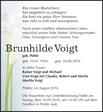 Traueranzeige von Brunhilde Voigt von Mitteldeutsche Zeitung Weißenfels