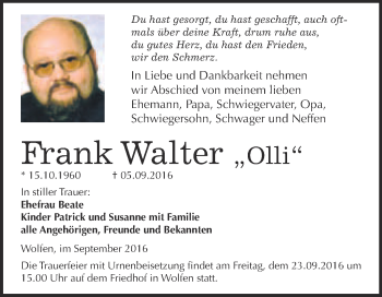 Traueranzeige von Frank Walter von WVG - Wochenspiegel Bitterfeld