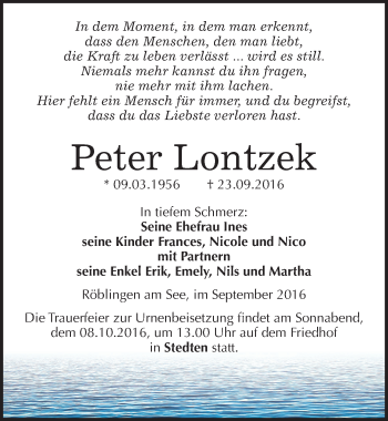 Traueranzeige von Peter Lontzek von Mitteldeutsche Zeitung Mansfelder Land