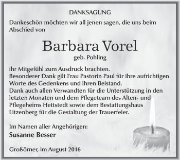 Traueranzeige von Barbara Vorel von Wochenspiegel Mansfelder Land
