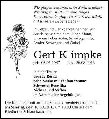 Traueranzeige von Gert Klimpke von Mitteldeutsche Zeitung Merseburg/Querfurt