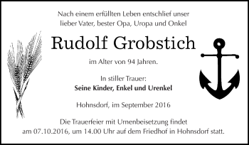 Traueranzeige von Rudolf Grobstich von WVG - Wochenspiegel Dessau / Köthen