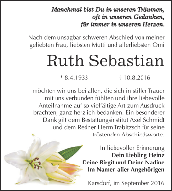 Traueranzeige von Ruth Sebastian von WVG - Wochenspiegel NMB / WSF / ZTZ