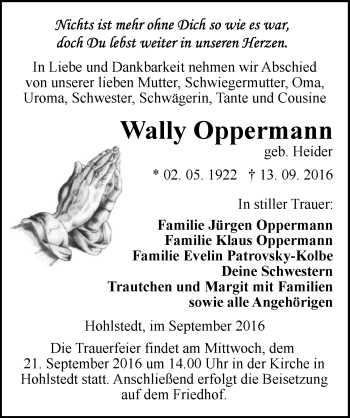 Traueranzeige von Wally Oppermann von Mitteldeutsche Zeitung Sangerhausen