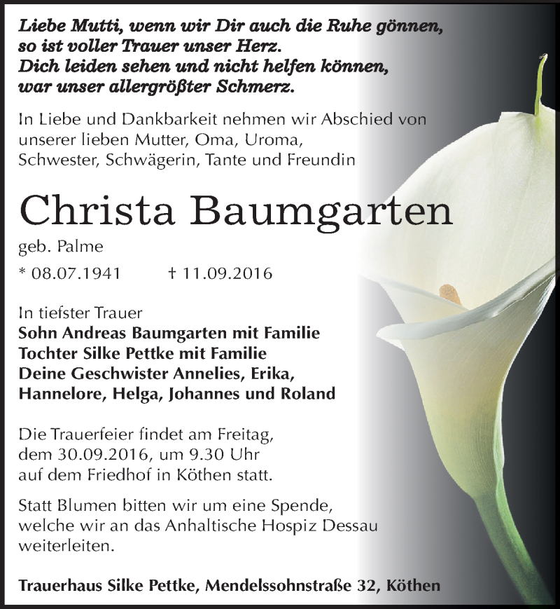  Traueranzeige für Christa Baumgarten vom 17.09.2016 aus Mitteldeutsche Zeitung Köthen