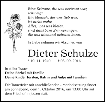 Traueranzeige von Dieter Schulze von Mitteldeutsche Zeitung Wittenberg