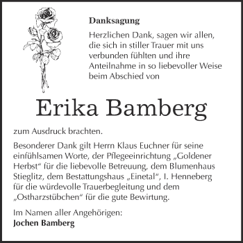 Traueranzeige von Erika Bamberg von Super Sonntag Quedlinburg