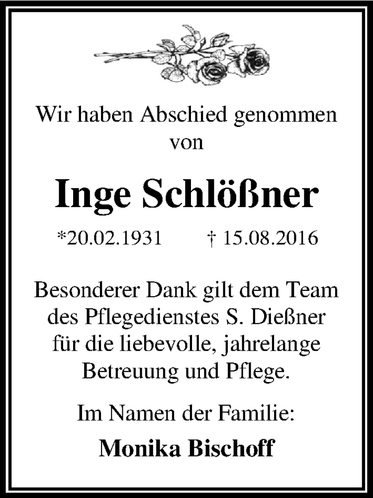  Traueranzeige für Inge Schlößner vom 17.09.2016 aus Mitteldeutsche Zeitung Dessau-Roßlau