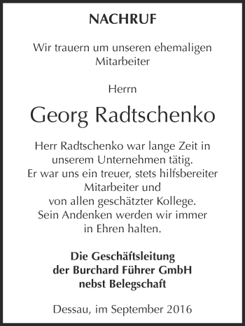 Traueranzeige von Georg Radtschenko von WVG - Wochenspiegel Dessau / Köthen