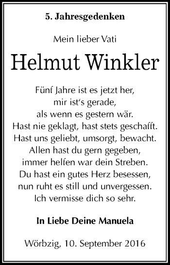 Traueranzeige von Helmut Winkler von Mitteldeutsche Zeitung Köthen
